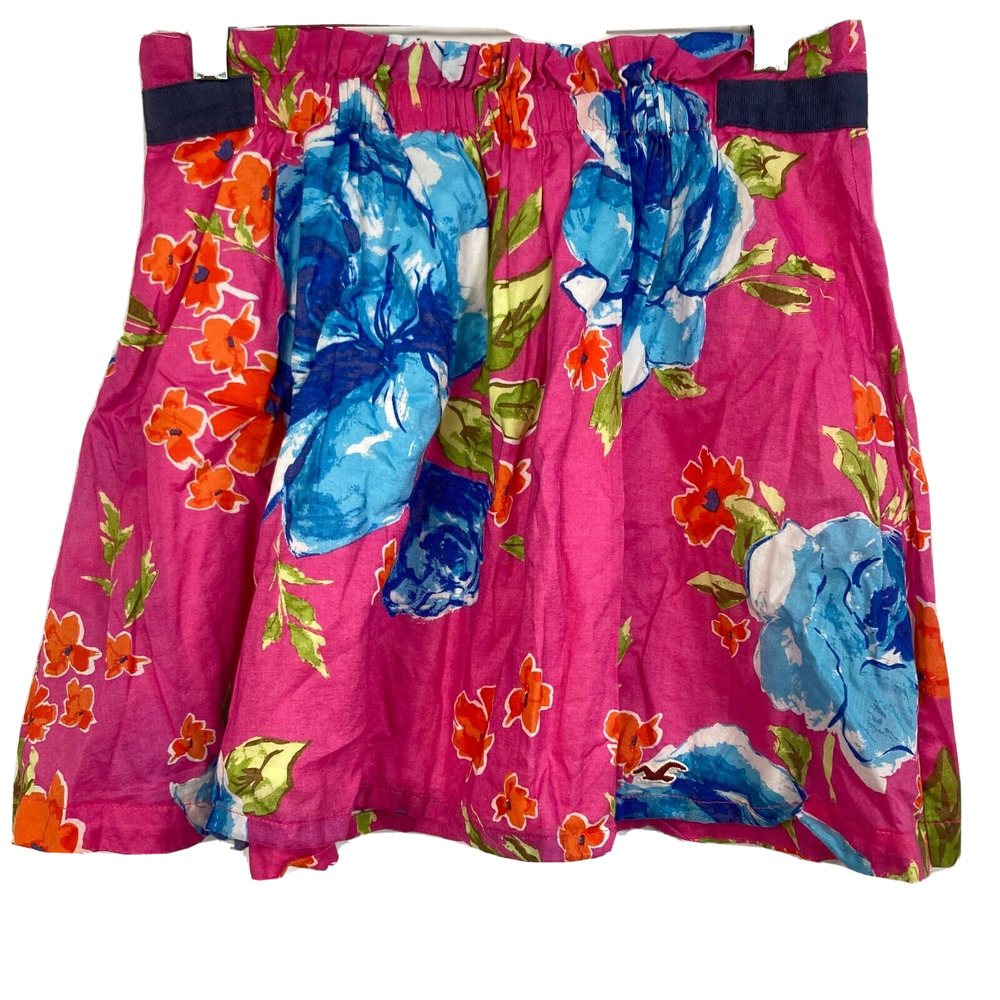 Hollister Skirt Womens Sz L Pink Blue Floral Cotton Elastic Waist A-Line Short‎ - Picture 3 of 9